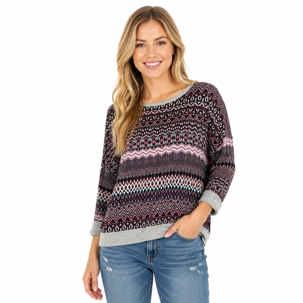 *NWT*‎ Pink Rose Geometric Print Sweatshirt Women Small Berry Boho Casual